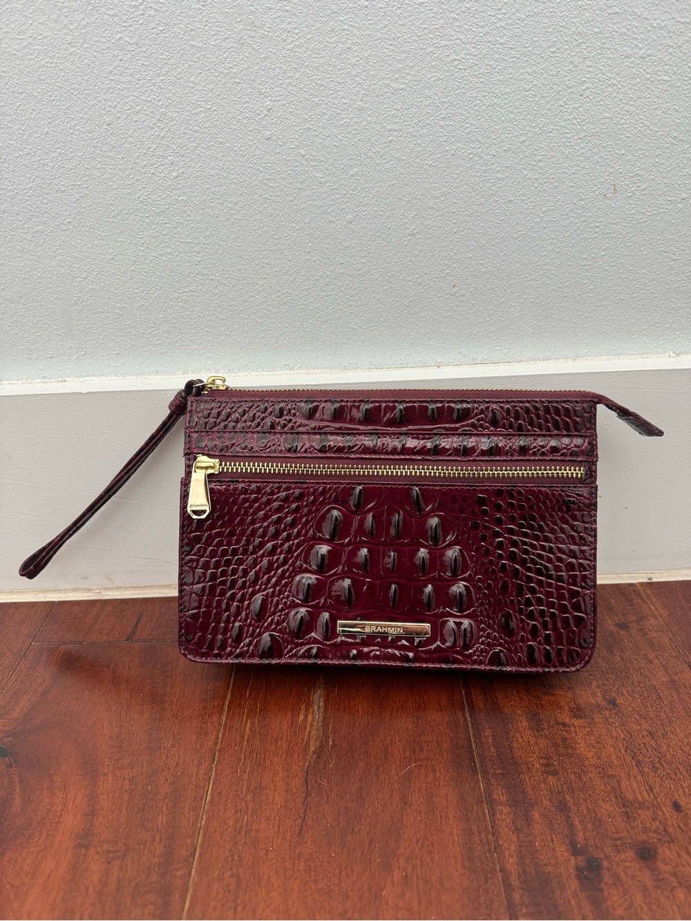 Brahmin Plum Croc-Embossed Leather Wristlet with Gold Hardware